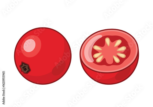 Whole red tomato and a half cut red tomato showing seeds and pulp isolated on a white background