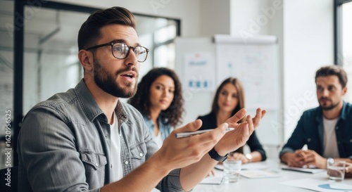 Man with glasses speaking and gesturing during a business meeting with colleagues listening attentively in the background