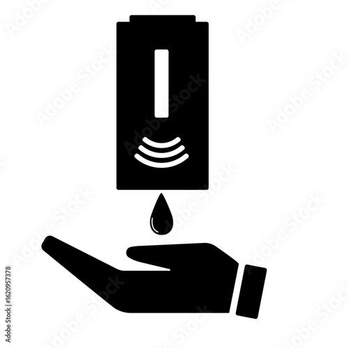 Hand sanitizer bottle icon above hand silhouette in black and white design