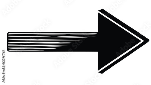 Black directional arrow pointing right on a white plain background