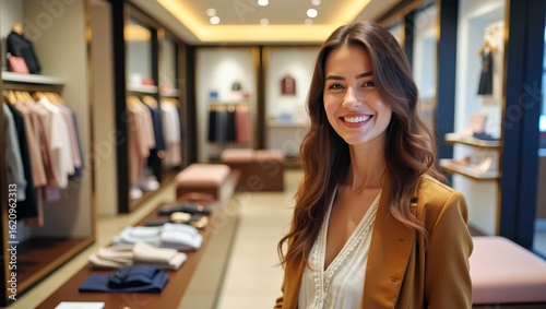 Smiling brunette woman in brown jacket shopping clothes store interior