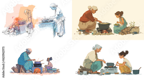 Grandmother and child cooking together in a rustic setting, representing warmth, heritage, and family traditions through heartwarming watercolor illustration.

