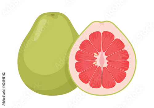 Whole pomelo and a half pomelo slice isolated on white background