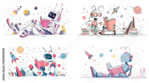 Cute colorful robots reading books in a futuristic space setting, promoting education, literacy, and AI creativity for children and science themes.


