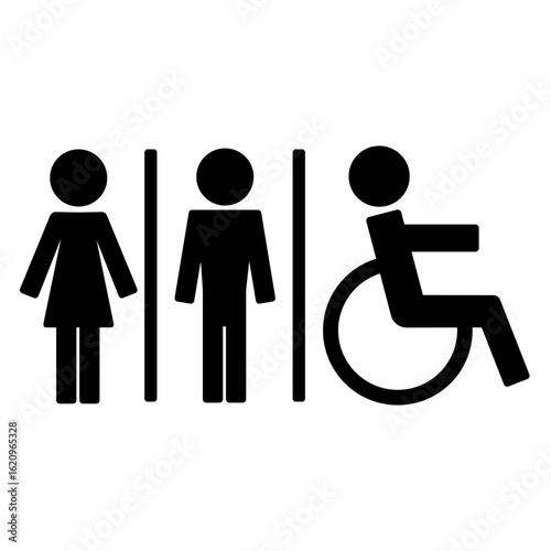 Accessible restroom sign with male, female, and wheelchair symbols
