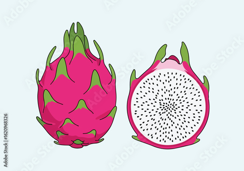 A whole dragonfruit and a half dragonfruit showing its white flesh with black seeds on a light blue background