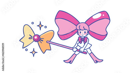 A cute magical girl with a bow wand isolated on white background, a cartoon vector illustration with anime and manga style, perfect for fantasy themes
