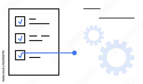 Checklist with three items, blue checkmarks, gear icons, and lines symbolize task management, workflow automation, project planning, organization, productivity, system optimization and simple flat