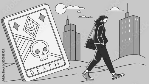A tarot card with a skull and the word death next to a man walking in a city, creating a symbolic and modern illustration