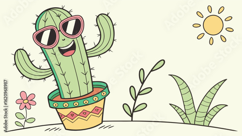 A cheerful cactus with sunglasses in a pot, surrounded by a flower, grass, and a shining sun, creating a happy and summery cartoon illustration