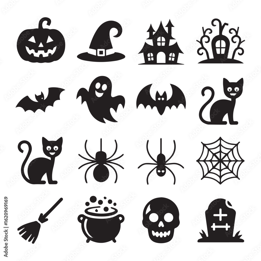 Fototapeta premium Vector art of a collection of black and white halloween icons featuring spooky elements like ghosts, pumpkins, and haunted houses