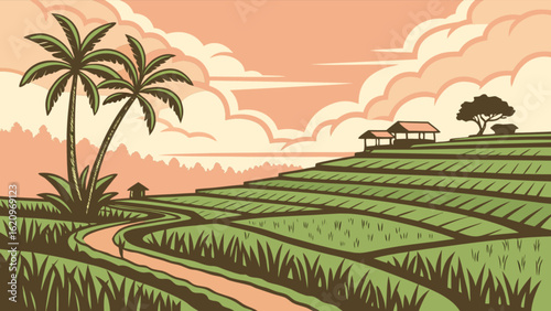 A serene landscape of rice terraces, showcasing the beauty of rural agriculture, with palm trees and huts under a cloudy sky, inviting travelers to explore the idyllic countryside