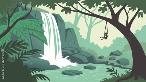 Lush jungle scene with a cascading waterfall, playful monkey swinging from a tree, and vibrant tropical vegetation, inviting viewers to explore the wonders of nature
