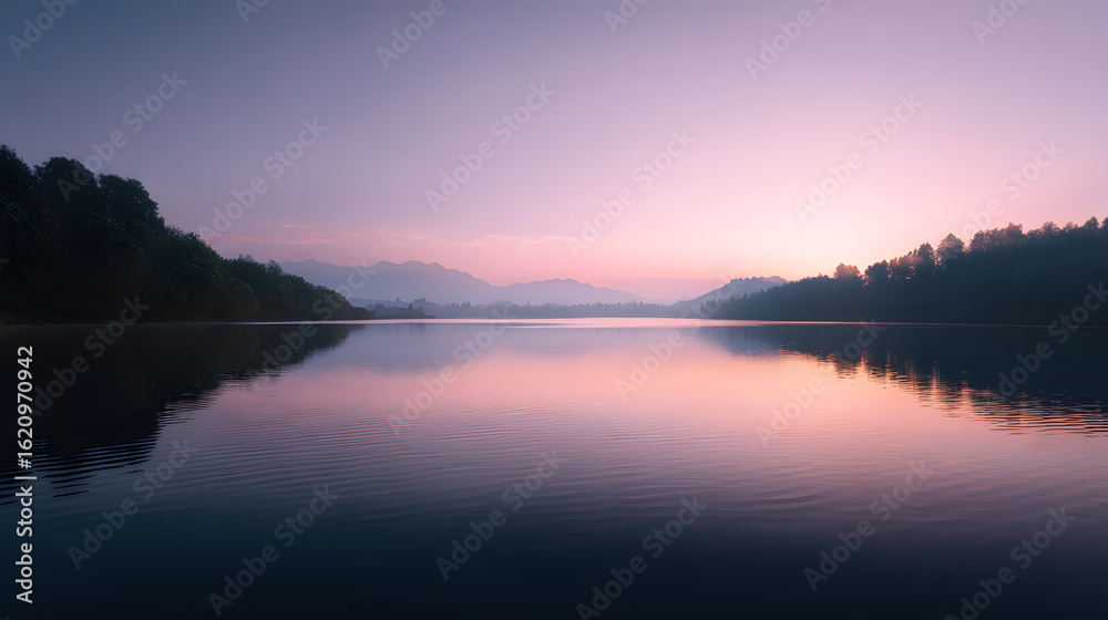 Fototapeta premium Serene Reflection: A tranquil lake reflects the soft hues of a sunrise or sunset, with a blurred silhouette of a forested mountain in the background. It is a calm, beautiful scenic view.