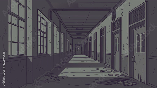 An abandoned school hallway with decaying walls and doors, creating an eerie scene of urban exploration and forgotten education, showcasing the grunge and retro style