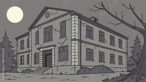 Illustration of an abandoned building under the moonlight, creating a spooky and eerie atmosphere