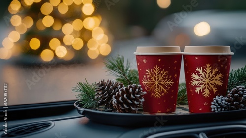 Christmas coffee cups in car