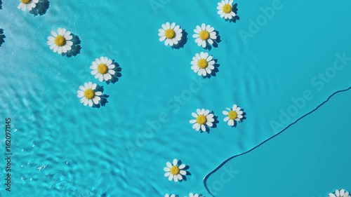 Chamomile flowers swim in blue water texture background on harsh sunlight	