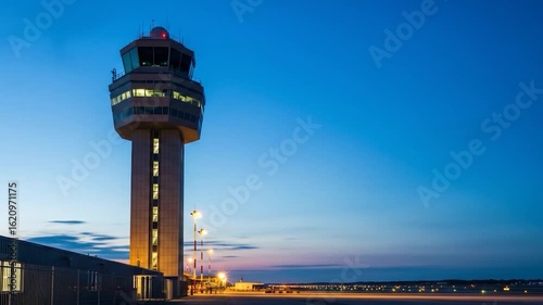 Airport Control Tower at Twilight, Runway Lights Gleam