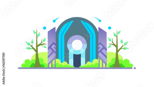 Fantasy portal with waterfall and trees, isolated on white background, representing a futuristic and imaginative landscape with modern design
