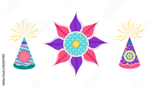 Diwali celebration set with rangoli, firecrackers and fireworks in flat style. Deepawali Indian vector illustration for banners, posters and social media content
