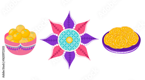 Diwali festival vector pack featuring rangoli, sweets, like jalebi, laddoo in flat style. Deepawali vector illustration for creative marketing materials