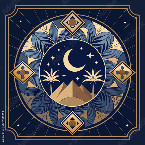 Elegant egyptian night vector design pyramids palm trees moon stars ornate border and tropical leaves
