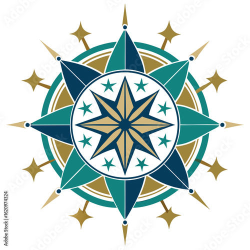 Elegant nautical compass rose vector graphic with stars and circular elements in teal blue and gold
