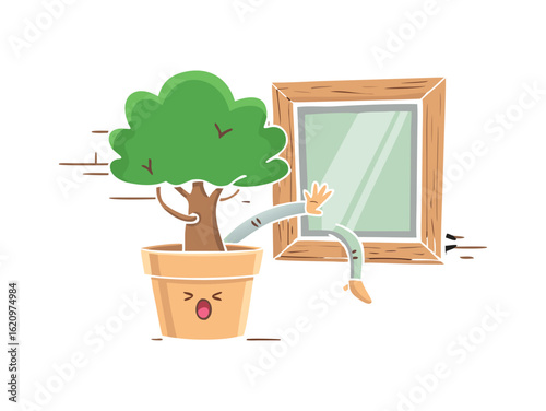 Vector art of funny cartoon tree character with face and limbs jumping out of a pot near a window frame, isolated on white background.
