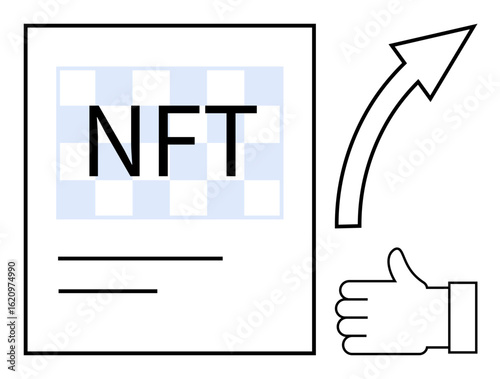 Document labeled NFT with a checkerboard pattern, upward arrow symbolizing growth, and thumbs-up icon denoting approval. Ideal for technology, blockchain, investment, trend, asset, creativity