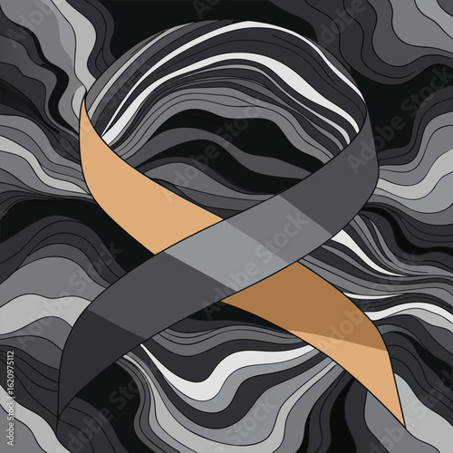 Gray awareness ribbon intertwined with abstract striped waves vector graphic for social issues concepts