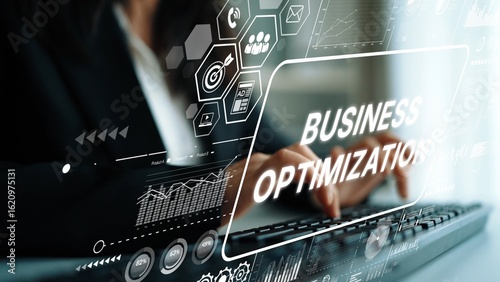 Business Professional Engaged in Digital Transformation and Business Optimization Concepts on Computer Screen. Asymptotic smart data analytic.