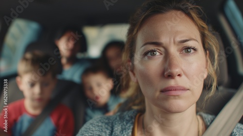 Close-up of worried mother driving car with husband and children in back seat, family road trip stress concept