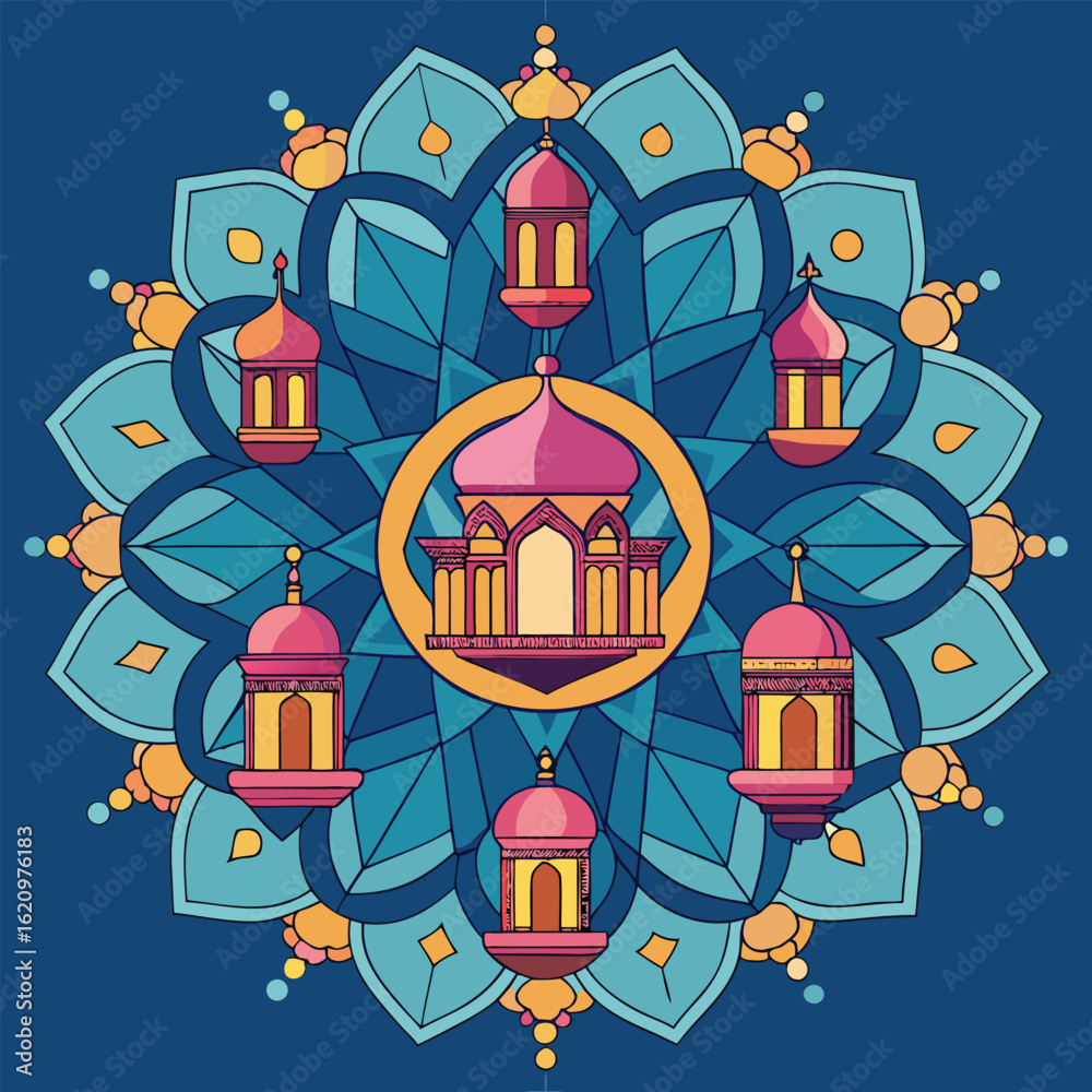 Fototapeta premium Ornate islamic design featuring mosque architecture and traditional lanterns on a mandala background