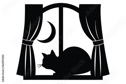 Sleeping cat silhouette on window sill
