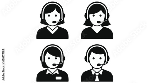 Four black and white operator icons with headsets and microphones customer service