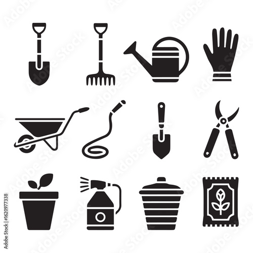 Vector art of a collection of essential gardening tools and equipment for planting and cultivation