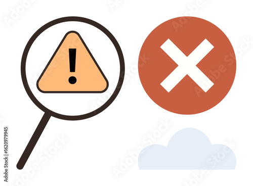 Magnifying glass examining exclamation triangle warning, bold X error symbol, and cloud graphic. Ideal for cybersecurity, risk management, error detection, online safety, caution analysis