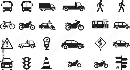 Assortment of transportation and traffic icons including vehicles, pedestrians, and road signs isolated on white background