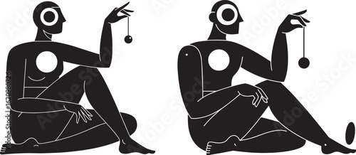 Two silhouetted figures sitting and holding a pendulum, suggesting hypnosis or meditation isolated on white background