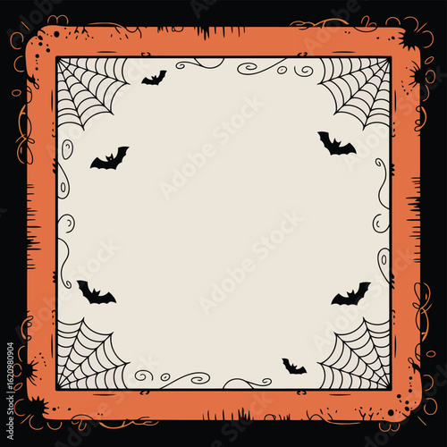 Halloween frame border with bats, spider webs, and decorative orange and black spooky design vector background