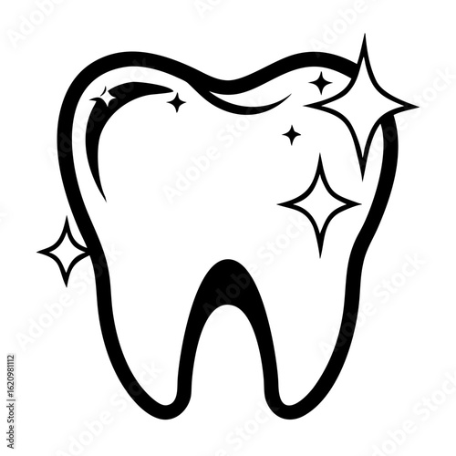 Tooth icon with sparkle effect in simple black outline design  