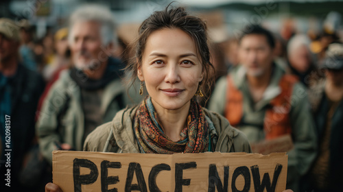 Asian woman smiling while holding a sign at protest for nuclear disarmament  