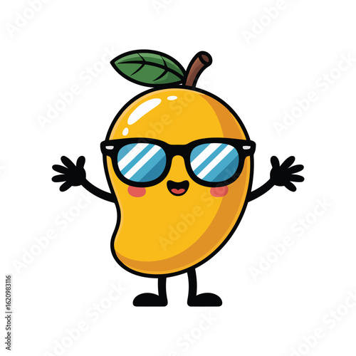 Cool Mango: A cheerful cartoon mango character with sunglasses, inviting viewers to enjoy the sweetness and coolness of the tropical fruit.