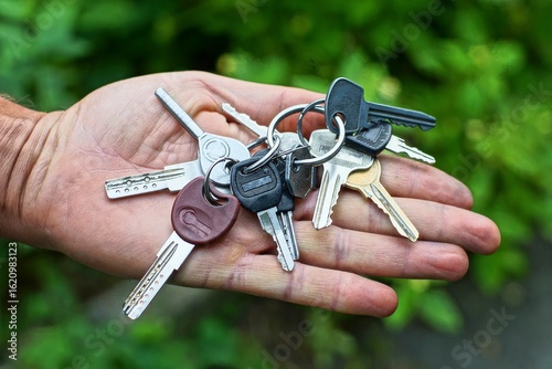 Fotografi bunch of different shiny iron and plastic-headed and bladed modern security keys