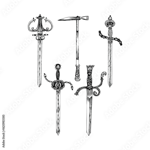 Hand-Drawn Antique Weapon Collection in Black and White