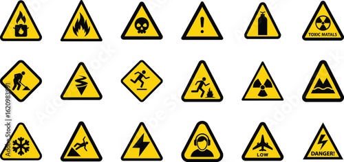 Collection of various yellow warning signs and hazard symbols isolated on a transparent background, representing danger and safety precautions