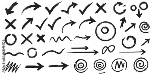 Arrow and symbol doodles, hand drawn vector set of checkmarks x marks circles arrows spirals infinity signs scribbles and sketch elements for creative design or highlight use

