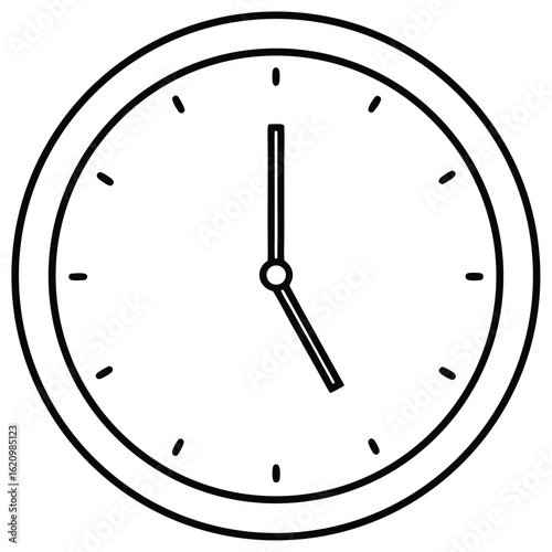 A simple line drawing of a clock shows the time to be 5:00.