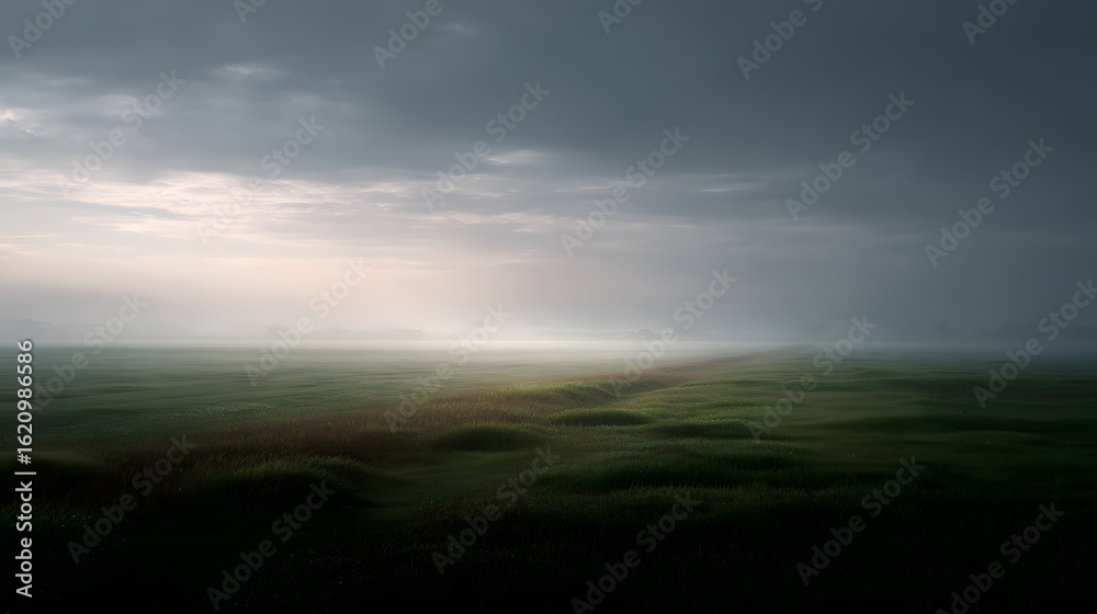 Fototapeta premium Misty Landscape: A serene landscape is enshrouded in a gentle mist, with an overcast sky casting a subdued glow over the grassy terrain.
